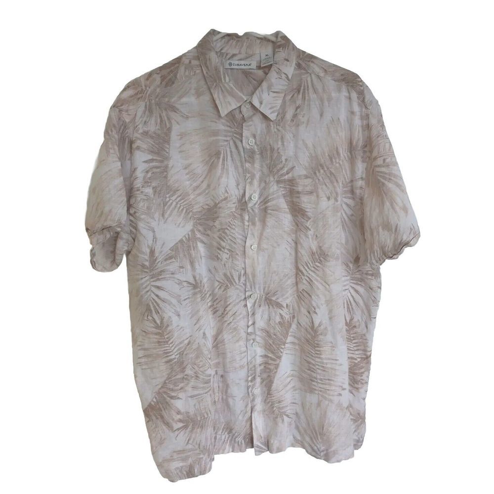 Caribbean Men XL Blended Linen Cotton Short Sleeve Button Up Floral‎ Shirt Mocha